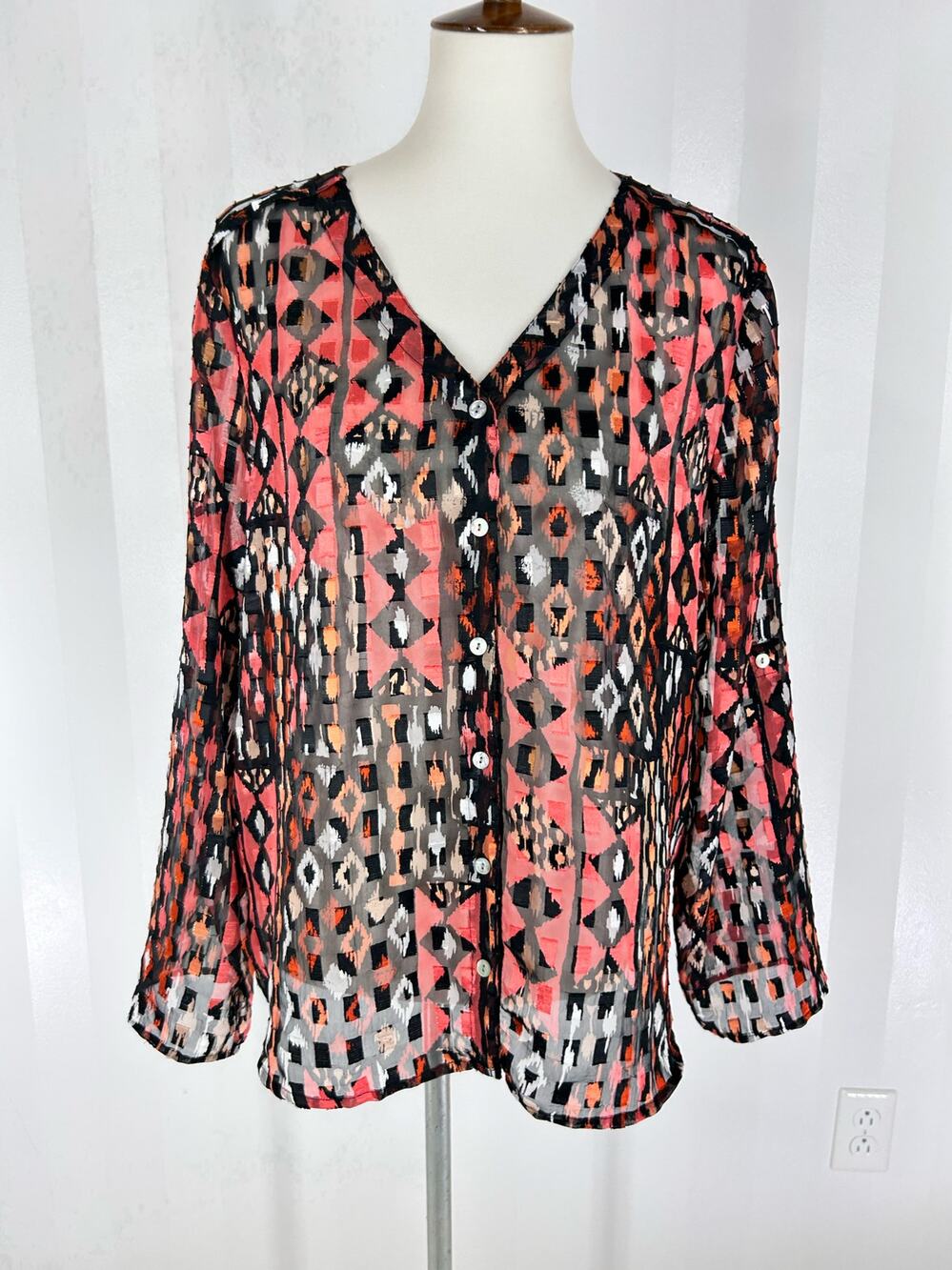 Ruby Rd. Multicolor Sheer Geometric Button-Front Blouse Boho Sz 14